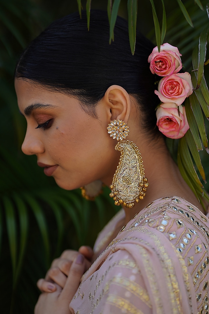 Gold Nakshi & Pitta Work Paisley Shaped Dangler Earrings by Moirra