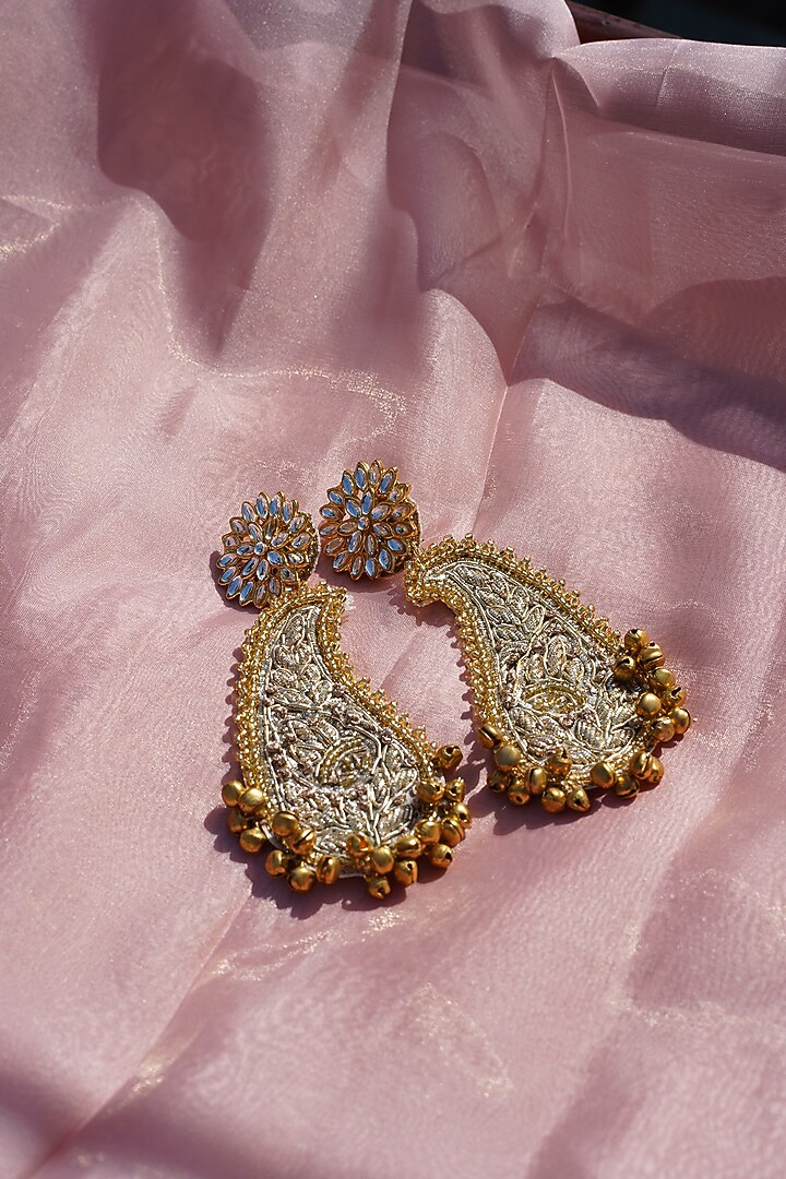 Gold Nakshi & Pitta Work Paisley Shaped Dangler Earrings by Moirra at Pernia's Pop Up Shop