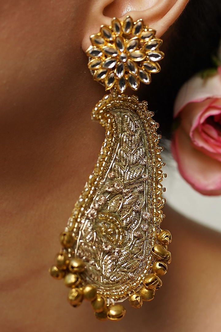 Gold Nakshi & Pitta Work Paisley Shaped Dangler Earrings by Moirra at Pernia's Pop Up Shop