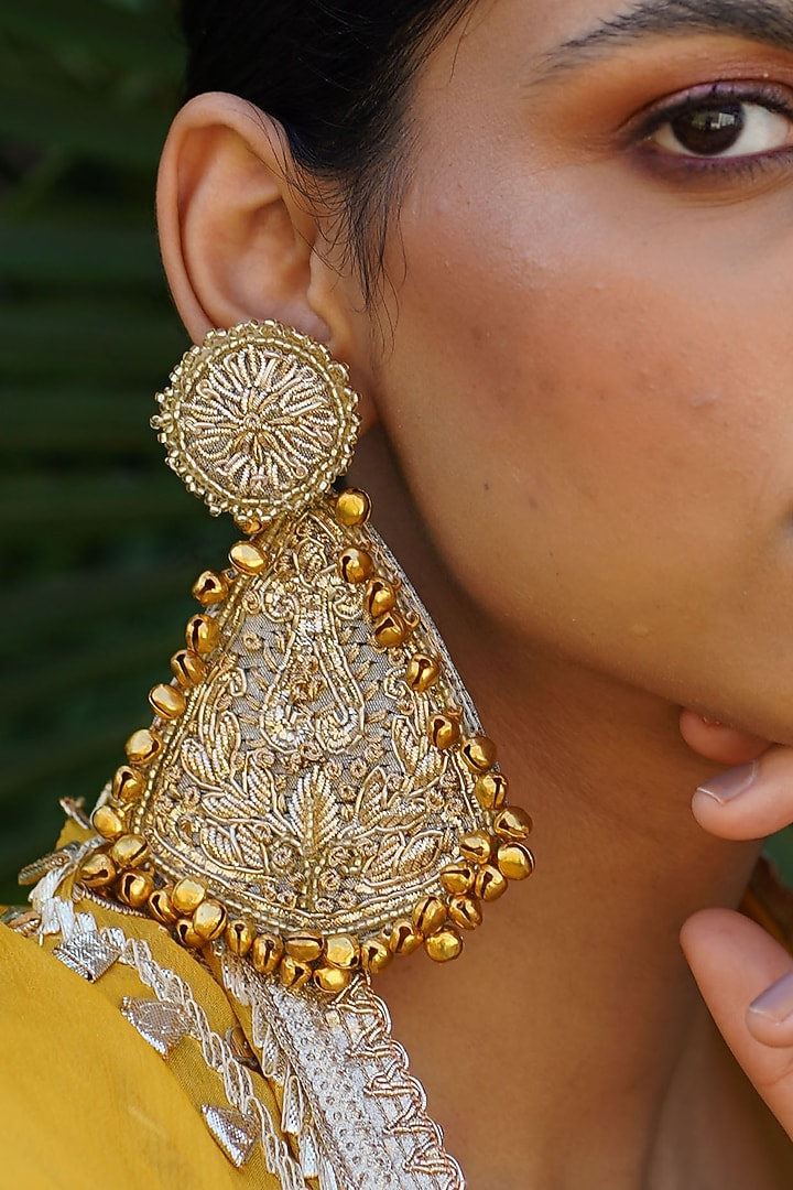 Gold Zardosi & Nakshi Work Chandelier Dangler Earrings by Moirra at Pernia's Pop Up Shop