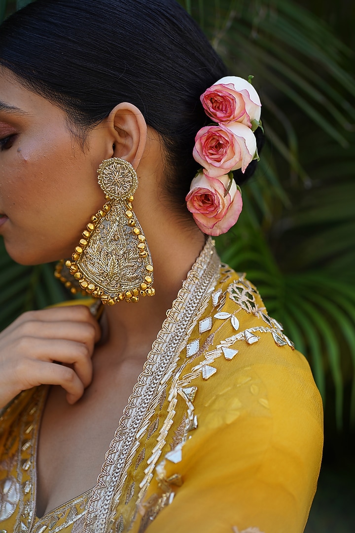 Gold Zardosi & Nakshi Work Chandelier Dangler Earrings by Moirra at Pernia's Pop Up Shop
