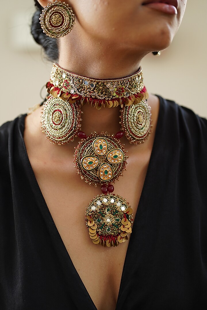 Multi-Colored Zardosi & Thread Work Pendant Choker Necklace by Moirra at Pernia's Pop Up Shop