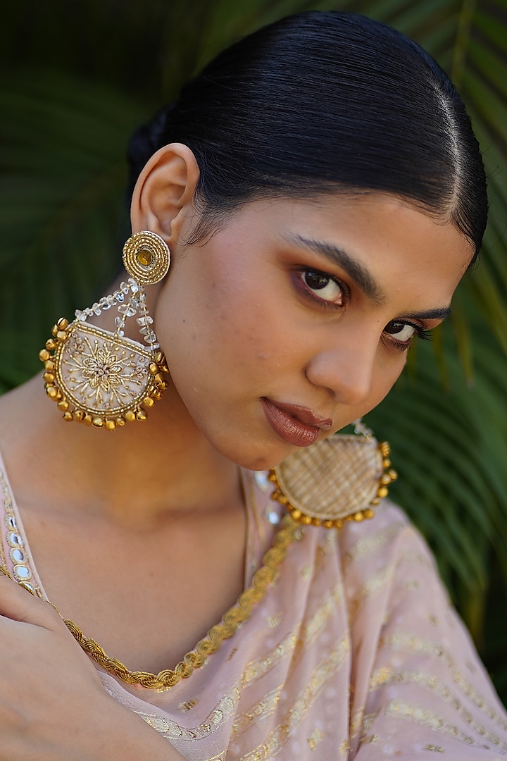 Gold Zardosi Work & Beaded Chandbali Earrings by Moirra
