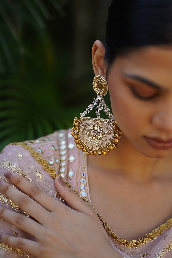 Gold Zardosi Work & Beaded Chandbali Earrings by Moirra at Pernia's Pop Up Shop