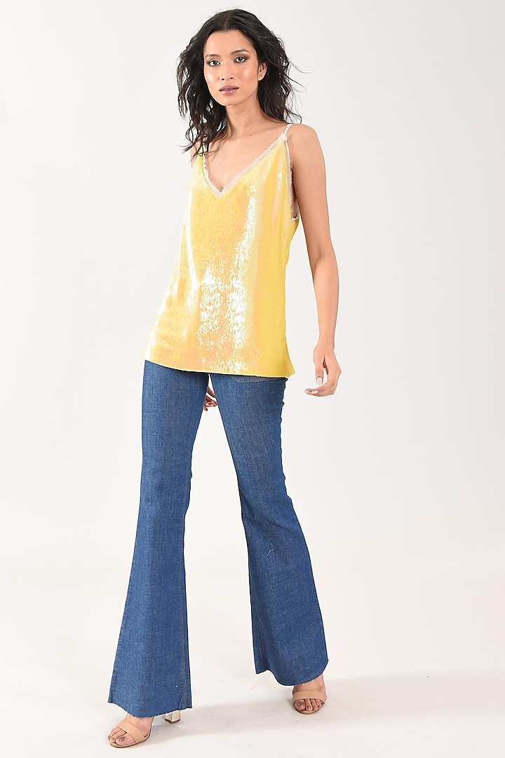 Yellow Sequins Weave Cami Top by MXS - Monisha Jaising X Shweta Bachchan Nanda