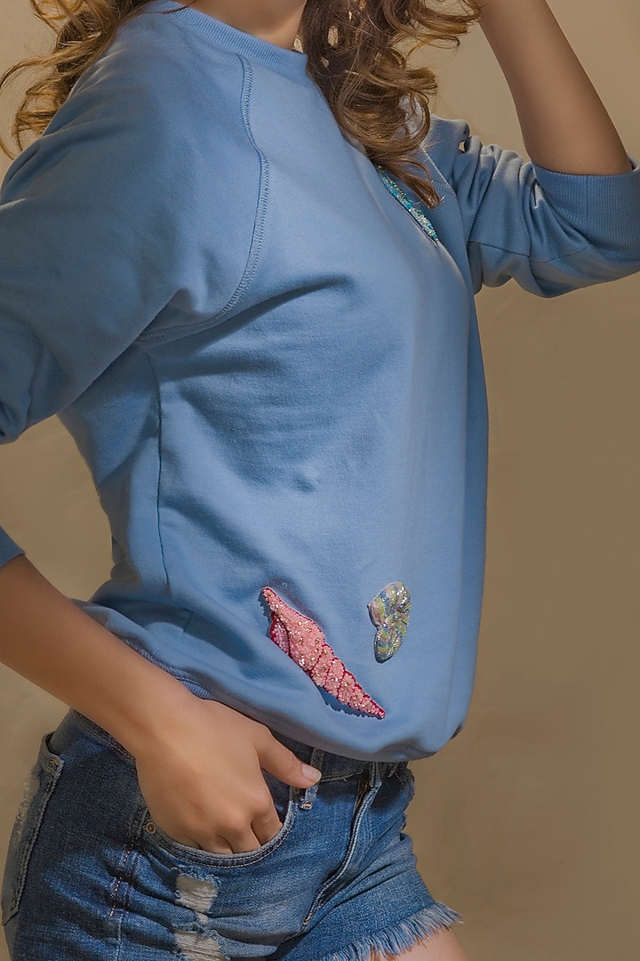 Blue Hand Embroidered Sweatshirt by MXS - Monisha Jaising X Shweta Bachchan Nanda at Pernia's Pop Up Shop