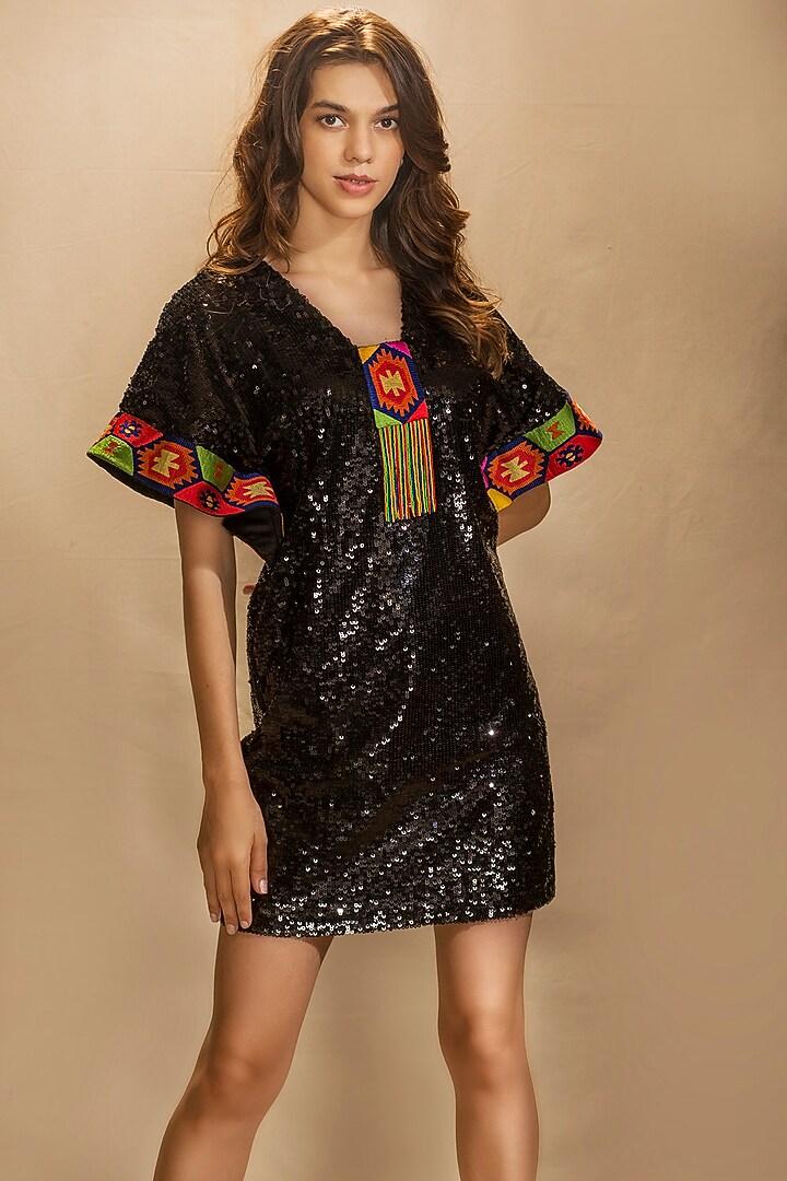 Black Sequins Mini Vacation Dress by MXS - Monisha Jaising X Shweta Bachchan Nanda at Pernia's Pop Up Shop