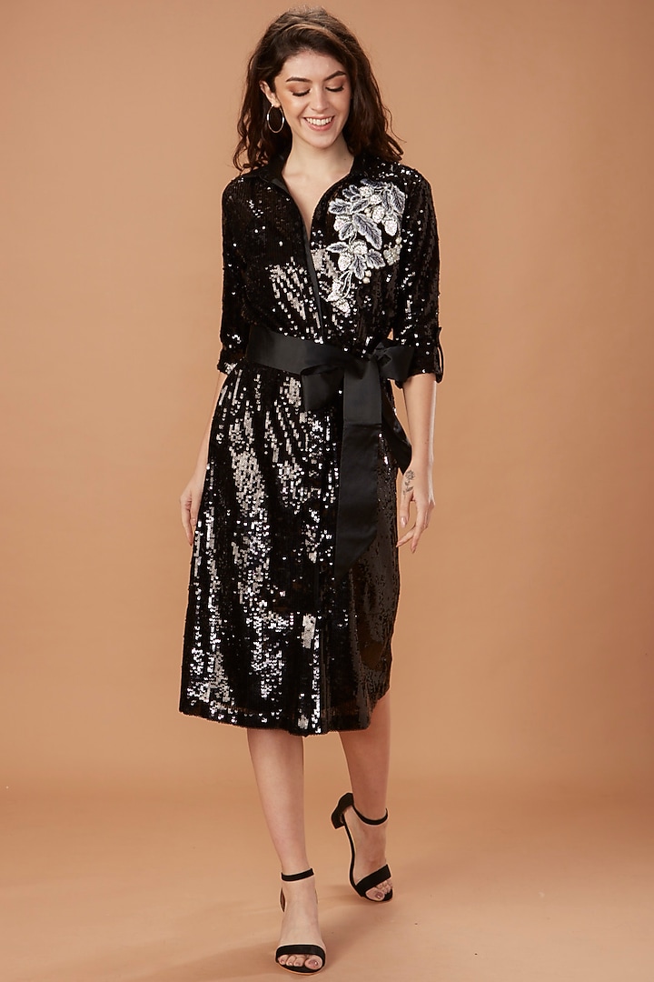 Black Embroidered Shirt Dress by MXS - Monisha Jaising X Shweta Bachchan Nanda at Pernia's Pop Up Shop