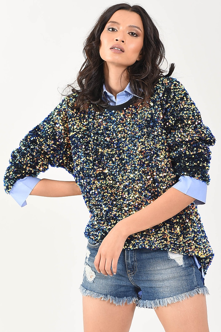 Multi Colored Sequins Weave Sweatshirt by MXS - Monisha Jaising X Shweta Bachchan Nanda