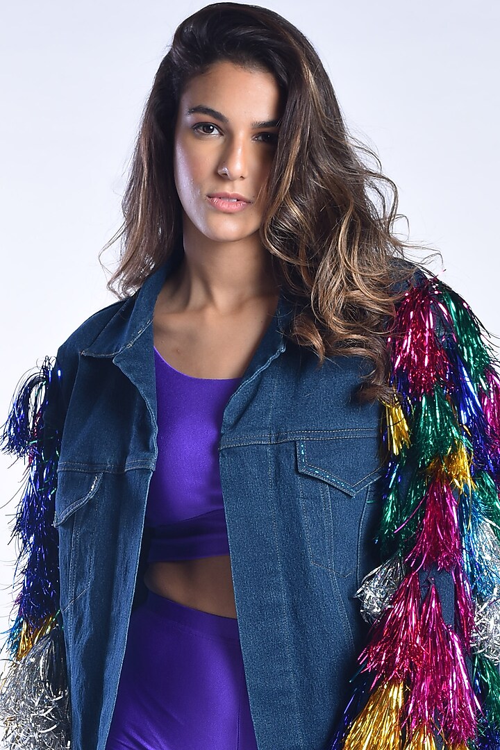 Purple Athleisure With Blue Denim Jacket by MXS - Monisha Jaising X Shweta Bachchan Nanda at Pernia's Pop Up Shop