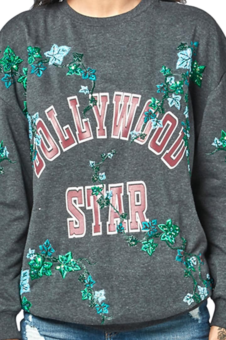 Grey Printed & Embroidered Sweatshirt by MXS - Monisha Jaising X Shweta Bachchan Nanda at Pernia's Pop Up Shop