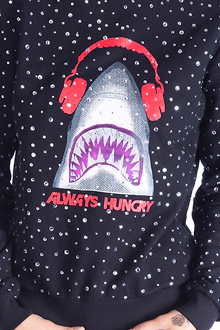Black Embellished Printed Sweatshirt by MXS - Monisha Jaising X Shweta Bachchan Nanda at Pernia's Pop Up Shop