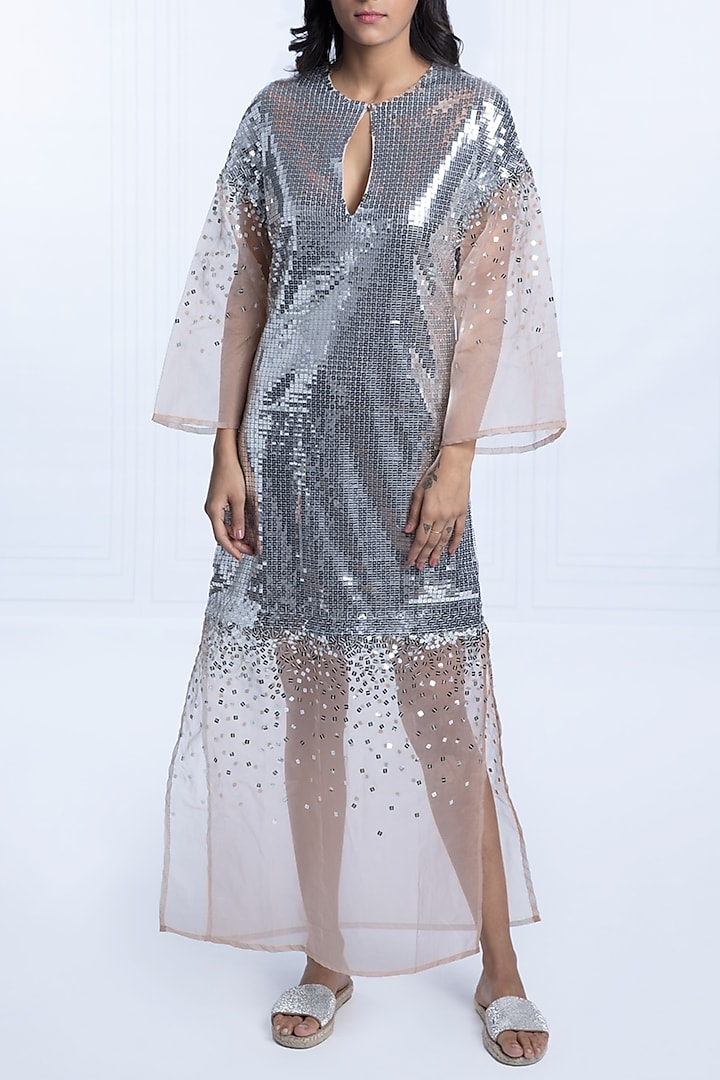 Silver Sequins Woven Kaftan Dress by MXS - Monisha Jaising X Shweta Bachchan Nanda