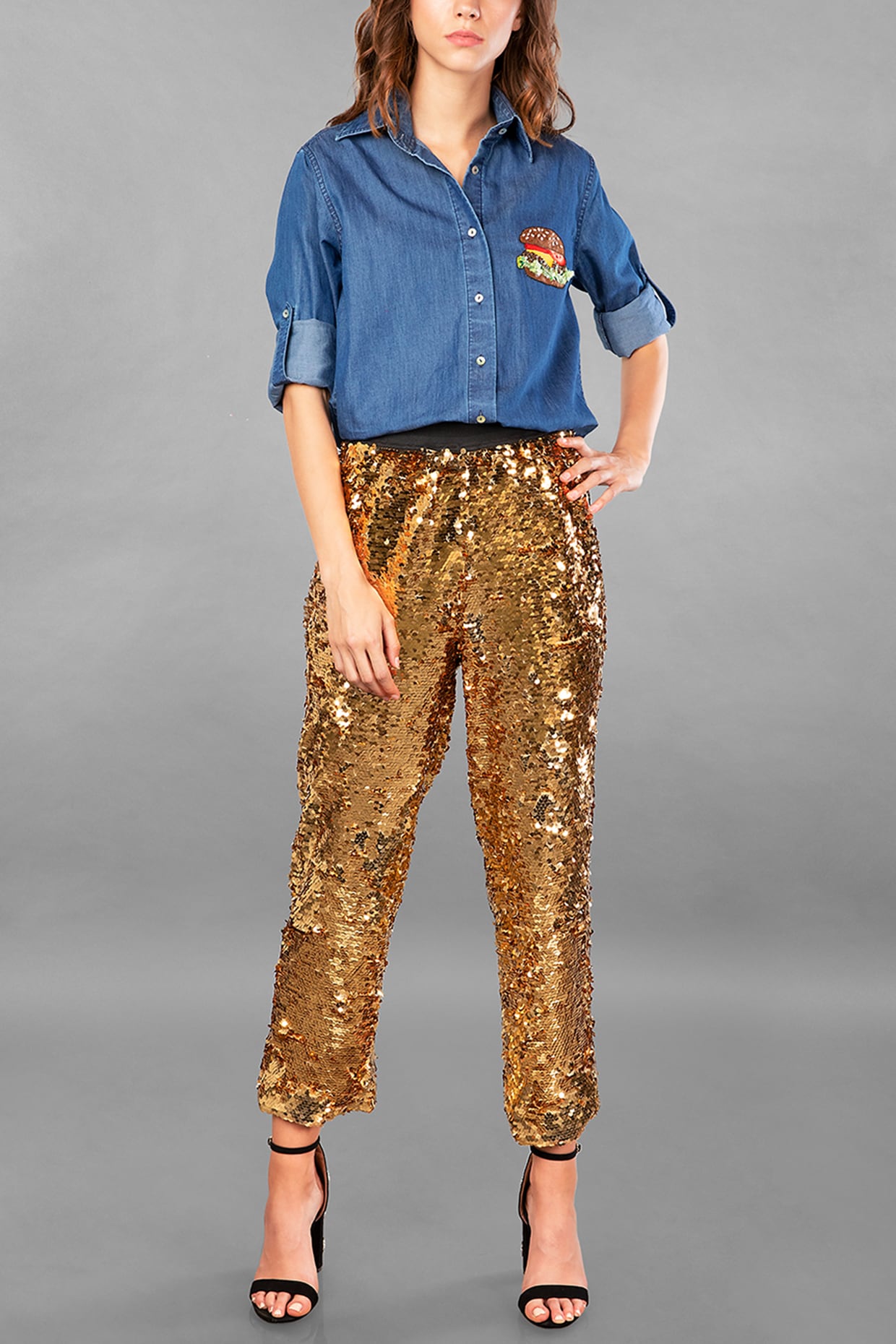 Wide trousers with sequins  BeigeSilvercoloured  Ladies  HM IN