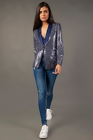 Navy Blue Embroidered Blazer by MXS - Monisha Jaising X Shweta Bachchan Nanda