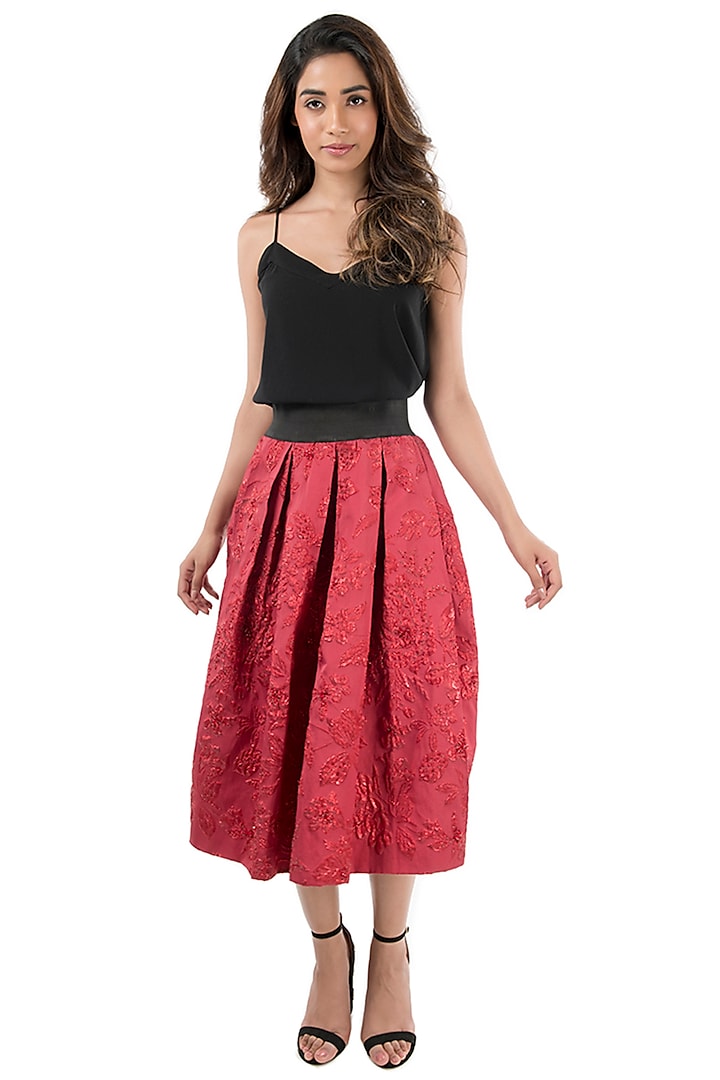 Red Metallic Skirt With Black Waistband by MXS - Monisha Jaising X Shweta Bachchan Nanda