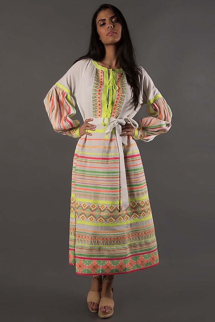 White Embroidered Tea Length Dress by MXS - Monisha Jaising X Shweta Bachchan Nanda