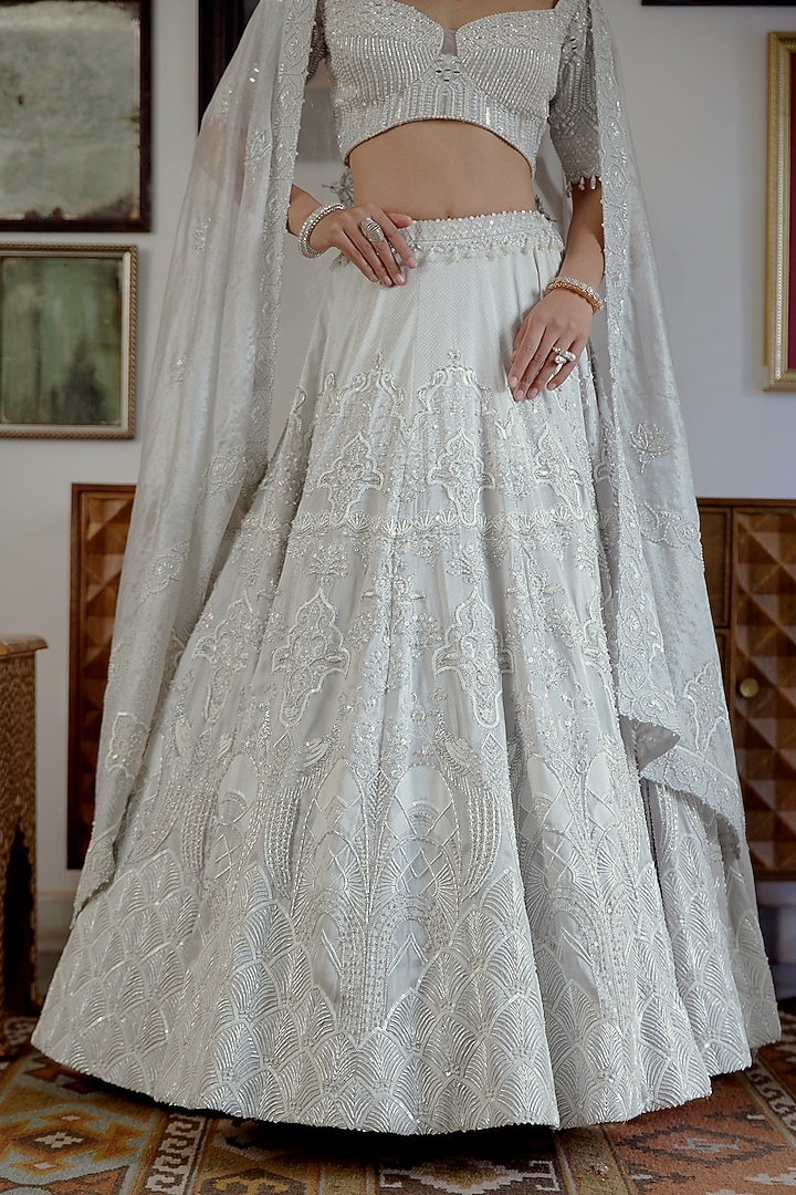 White Silver Brocade Hand Embellished Bridal Lehenga Set by MOLEDRO at Pernia's Pop Up Shop