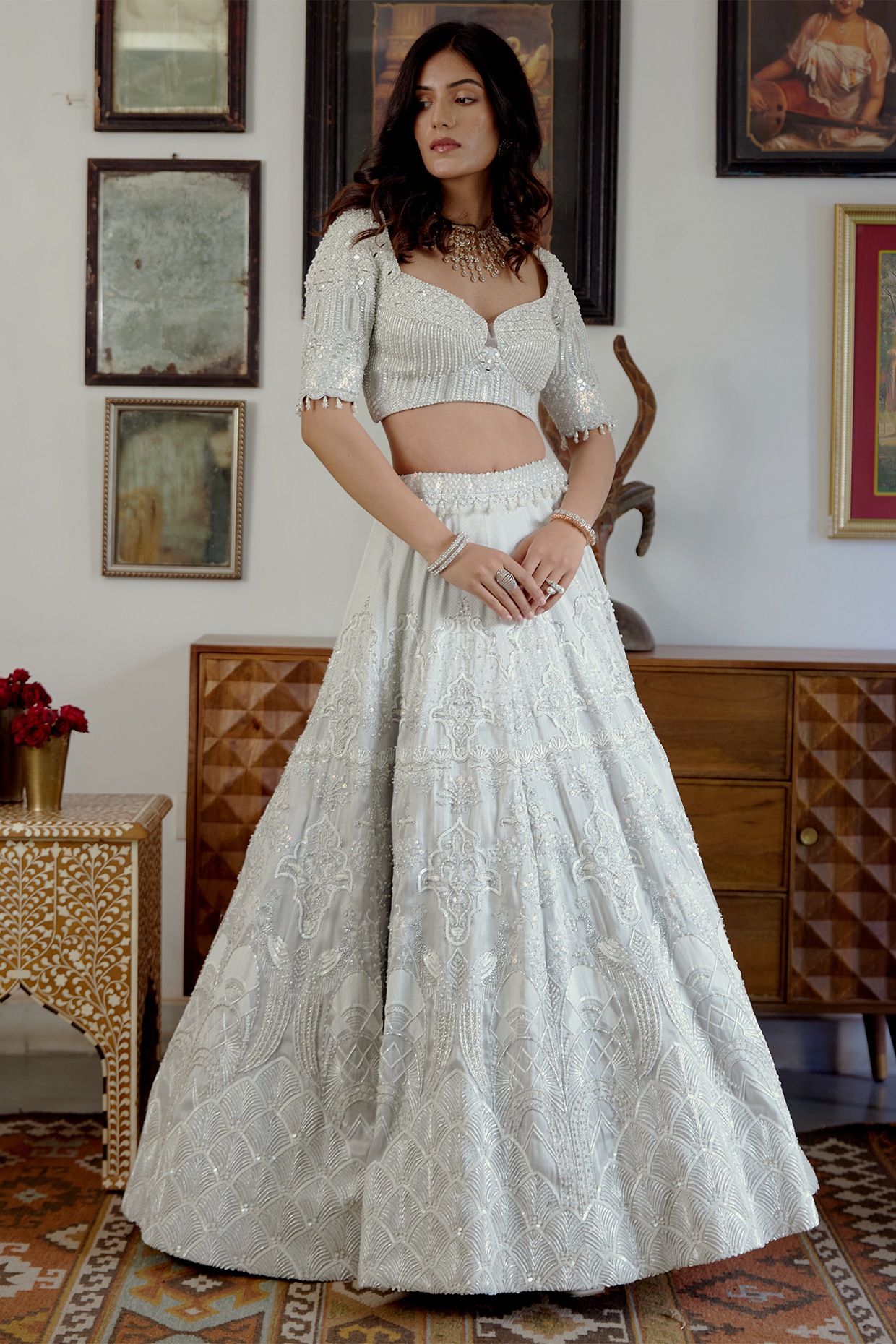 Cristal White Silver Worknet Replica Lehenga Choli at Best Price in Indore  | Heustyle - Indian Ethnic Online Shop