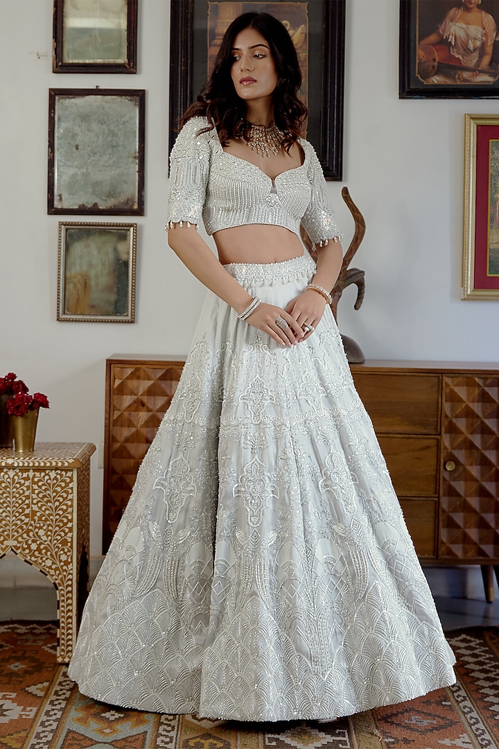 White Silver Brocade Hand Embellished Bridal Lehenga Set by MOLEDRO at Pernia's Pop Up Shop