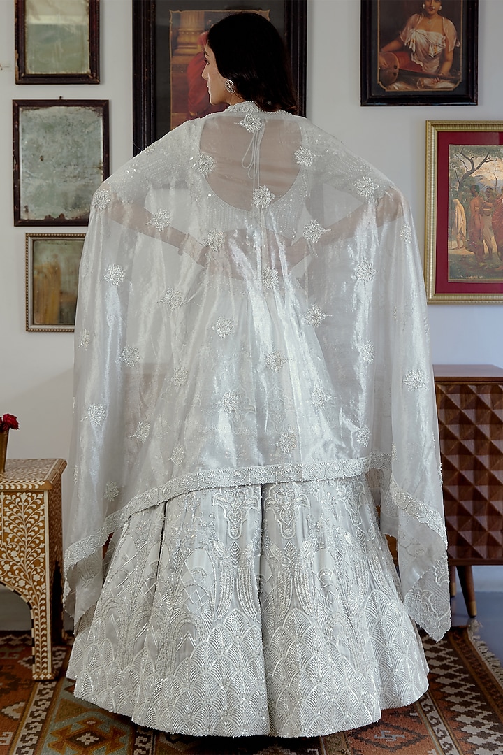 White Silver Brocade Hand Embellished Bridal Lehenga Set by MOLEDRO at Pernia's Pop Up Shop