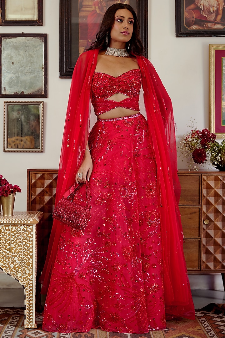 Red Butterfly Net Motif Embroidered Lehenga Set by MOLEDRO