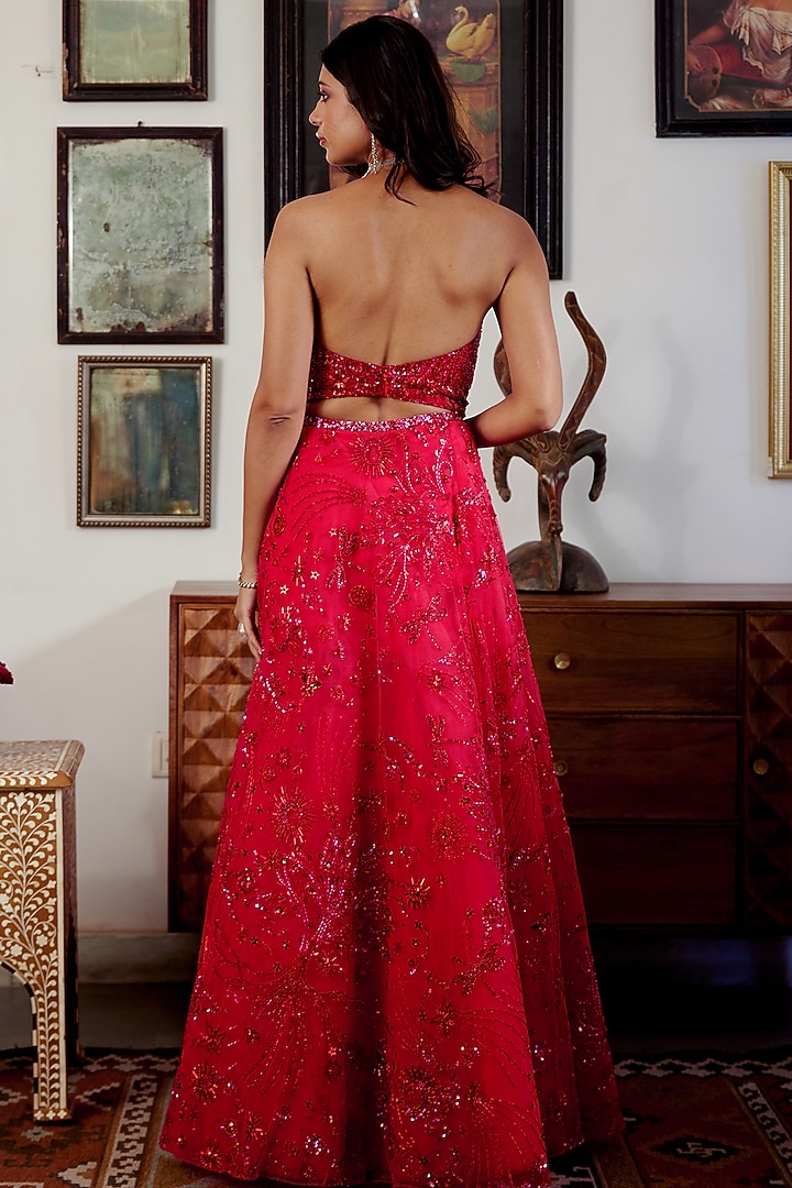 Red Butterfly Net Motif Embroidered Wedding Lehenga Set by MOLEDRO at Pernia's Pop Up Shop
