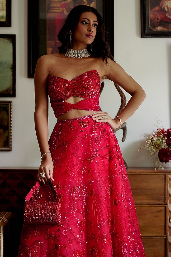 Red Butterfly Net Motif Embroidered Wedding Lehenga Set by MOLEDRO at Pernia's Pop Up Shop