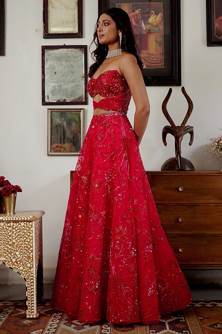 Red Butterfly Net Motif Embroidered Wedding Lehenga Set by MOLEDRO at Pernia's Pop Up Shop