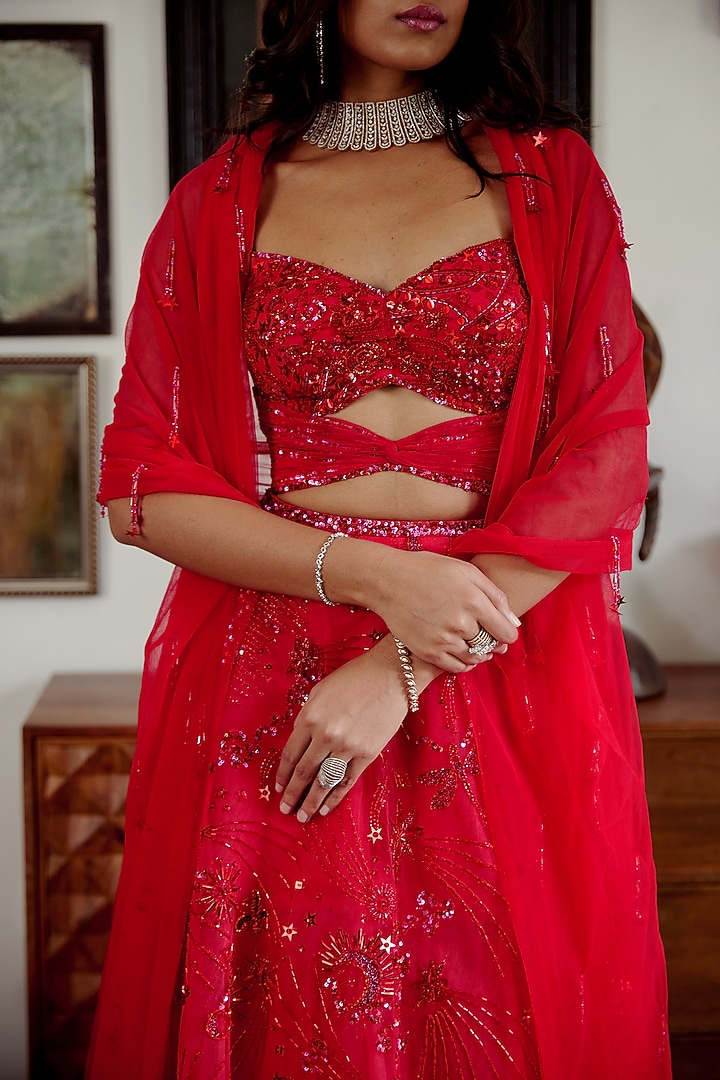 Red Butterfly Net Motif Embroidered Wedding Lehenga Set by MOLEDRO at Pernia's Pop Up Shop