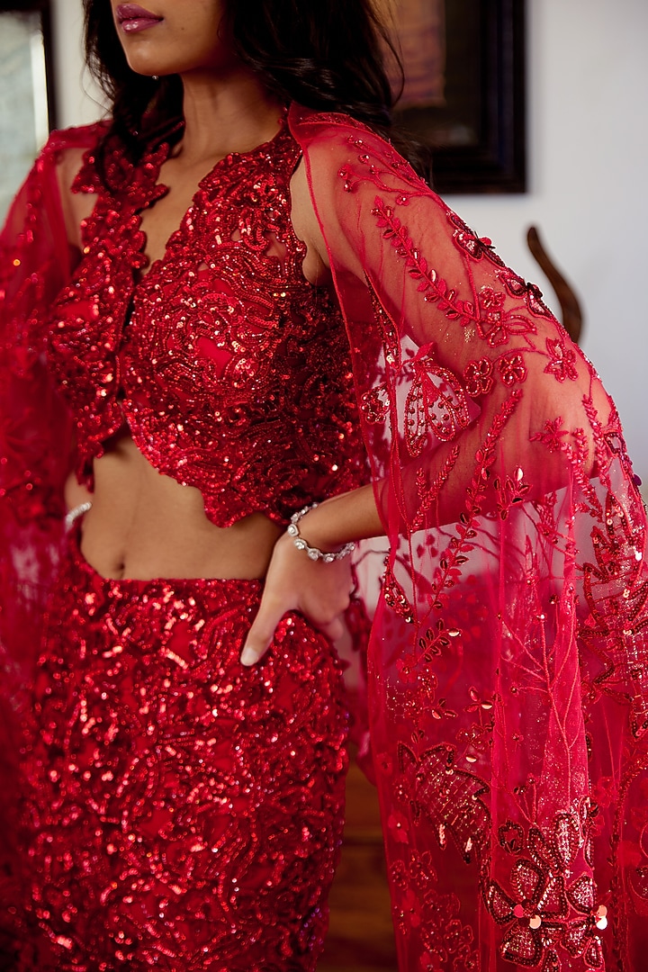 Red Organza Floral Applique Handwork Mermaid Bridal Lehenga Set by MOLEDRO at Pernia's Pop Up Shop