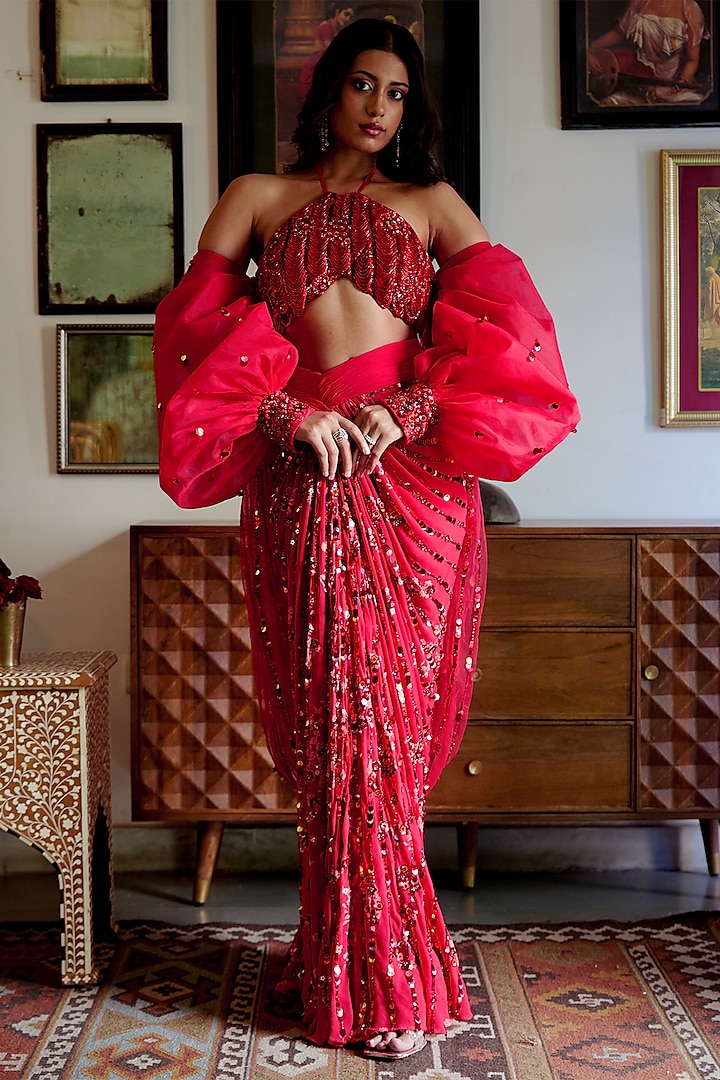 Red Georgette Sequins Work Pre-Draped Skirt Saree Set by MOLEDRO