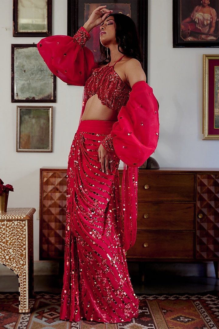 Red Georgette Sequins Work Pre-Draped Skirt Reception Saree Set by MOLEDRO at Pernia's Pop Up Shop