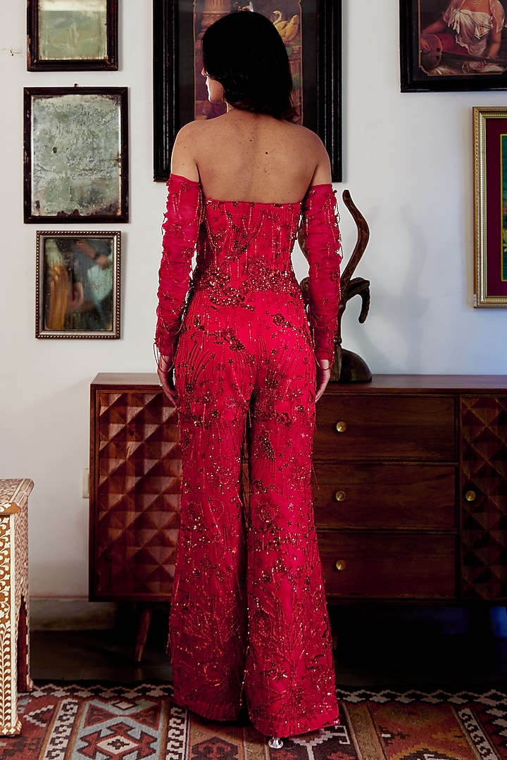 Red Organza Applique Embroidered Jumpsuit by MOLEDRO at Pernia's Pop Up Shop