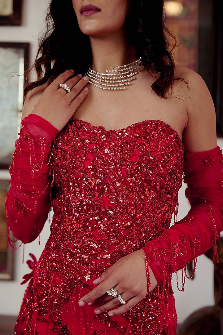 Red Organza Applique Embroidered Jumpsuit by MOLEDRO at Pernia's Pop Up Shop