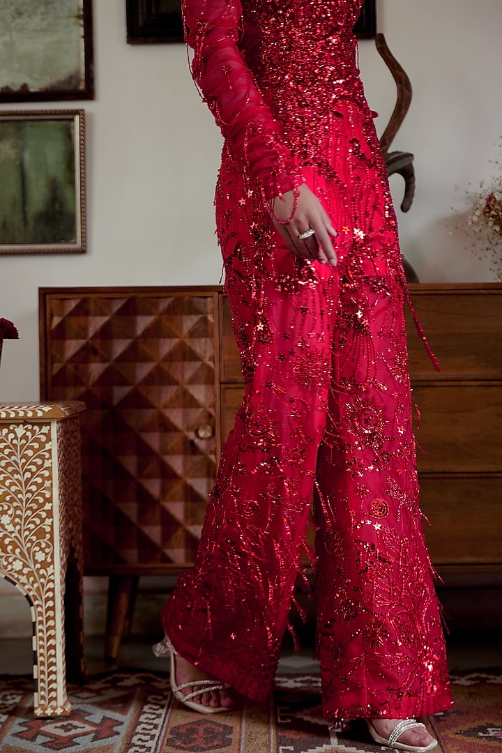 Red Organza Applique Embroidered Jumpsuit by MOLEDRO at Pernia's Pop Up Shop