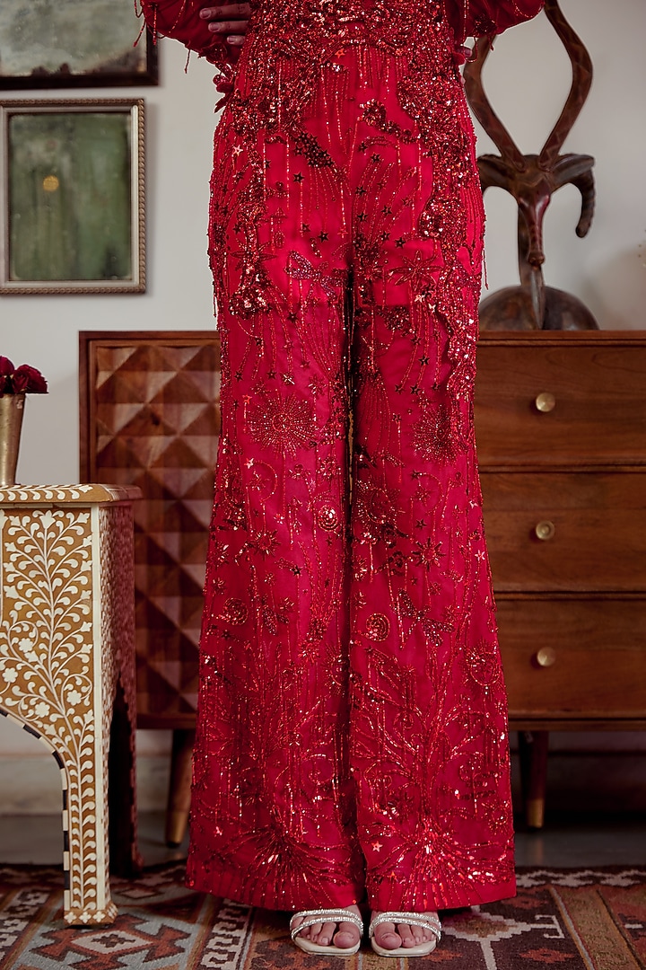 Red Organza Applique Embroidered Jumpsuit by MOLEDRO at Pernia's Pop Up Shop