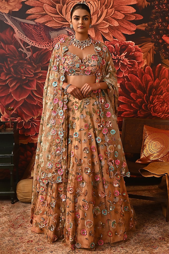 Peach Butterfly Net Printed & Embroidered Lehenga Set by MOLEDRO