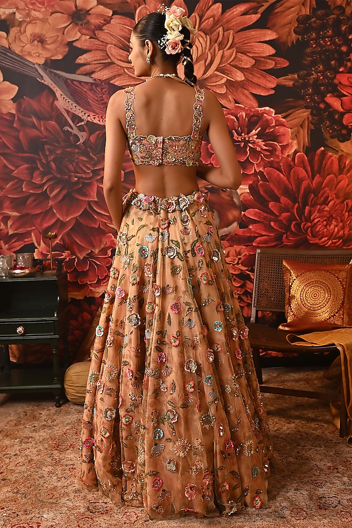 Peach Butterfly Net Printed & Embroidered Wedding Lehenga Set by MOLEDRO at Pernia's Pop Up Shop
