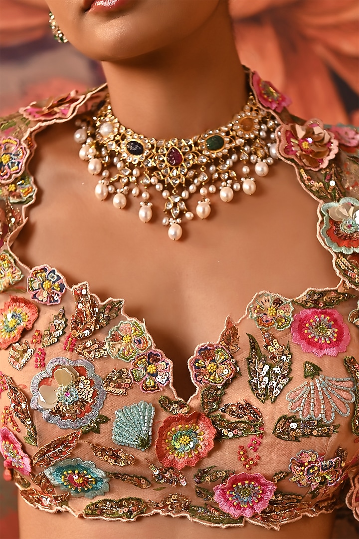Peach Butterfly Net Printed & Embroidered Wedding Lehenga Set by MOLEDRO at Pernia's Pop Up Shop