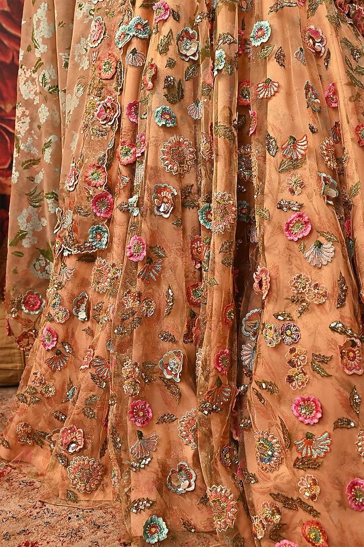 Peach Butterfly Net Printed & Embroidered Wedding Lehenga Set by MOLEDRO at Pernia's Pop Up Shop