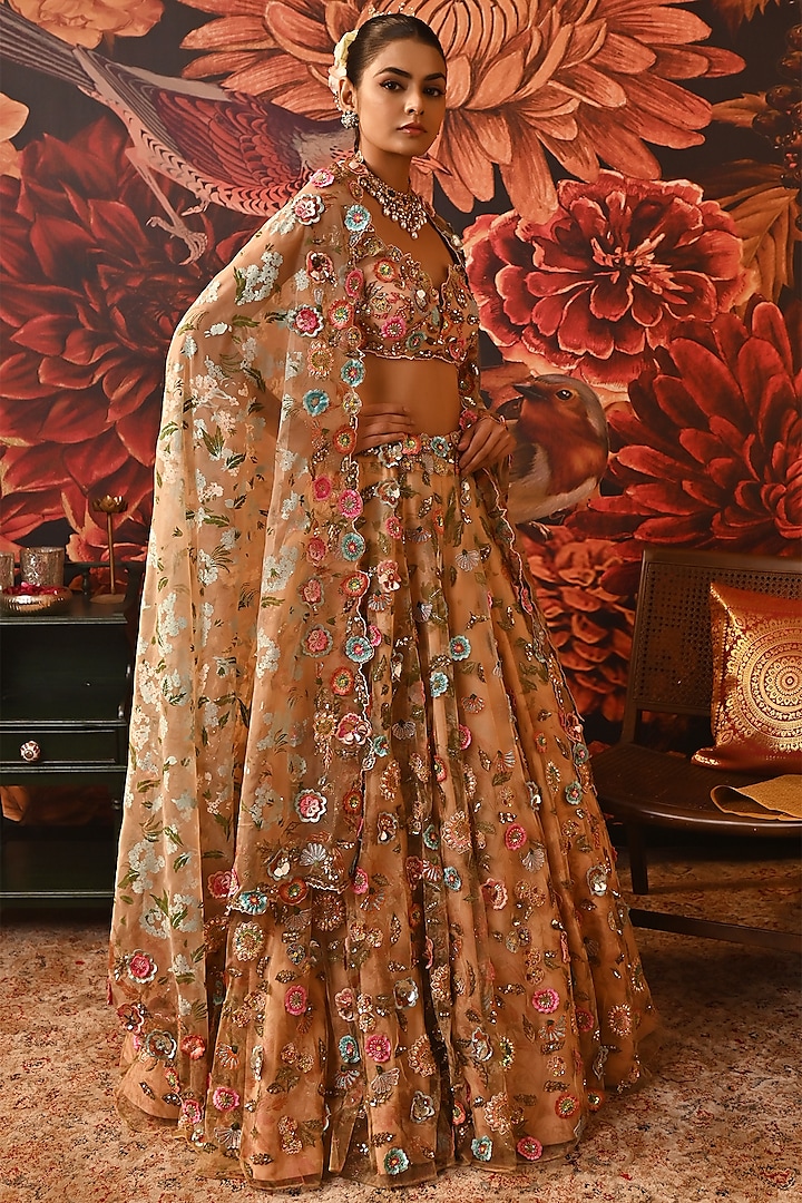 Peach Butterfly Net Printed & Embroidered Wedding Lehenga Set by MOLEDRO at Pernia's Pop Up Shop
