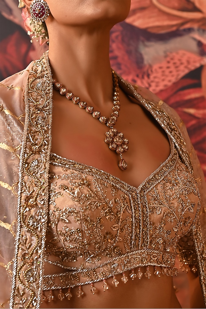 Blush Pink Zari Brocade Printed & Embroidered Bridal Lehenga Set by MOLEDRO at Pernia's Pop Up Shop