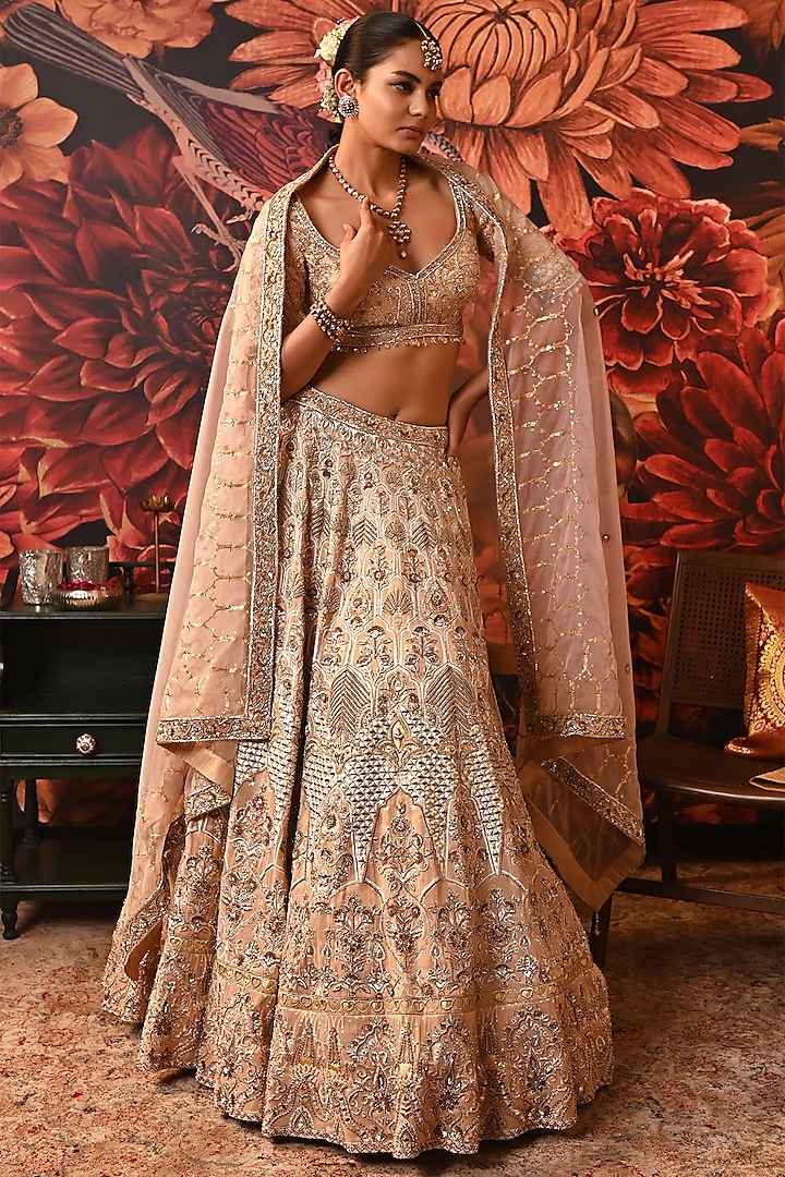 Blush Pink Zari Brocade Printed & Embroidered Bridal Lehenga Set by MOLEDRO at Pernia's Pop Up Shop