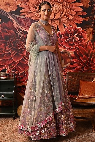 Lavender Zari Brocade Printed & Embroidered Anarkali Set by MOLEDRO