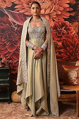 Pista Green Zari Brocade & Butterfly Net Embroidered Anarkali Set by MOLEDRO