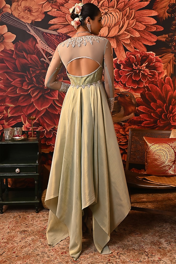 Pista Green Zari Brocade & Butterfly Net Embroidered Bridal Anarkali Set by MOLEDRO at Pernia's Pop Up Shop