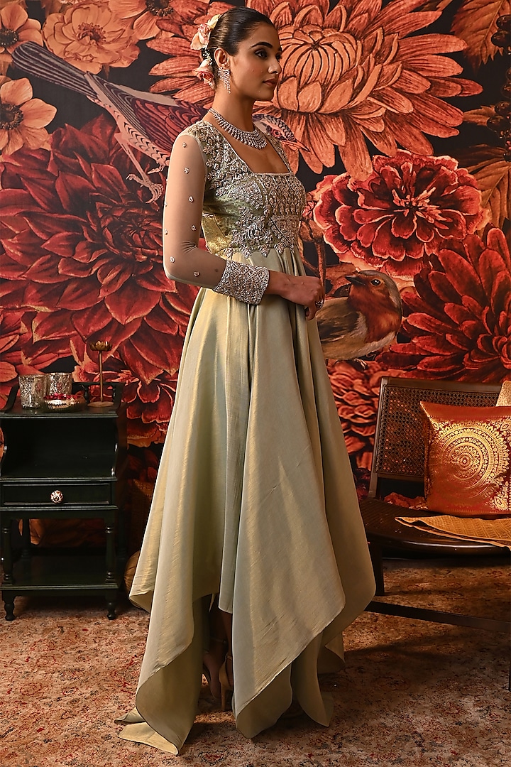 Pista Green Zari Brocade & Butterfly Net Embroidered Bridal Anarkali Set by MOLEDRO at Pernia's Pop Up Shop