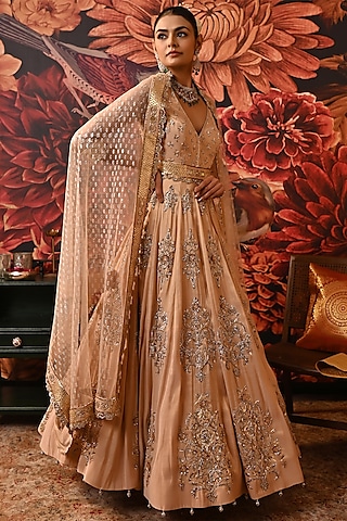 Blush Pink Pure Silk Organza Printed & Embroidered Anarkali Set by MOLEDRO