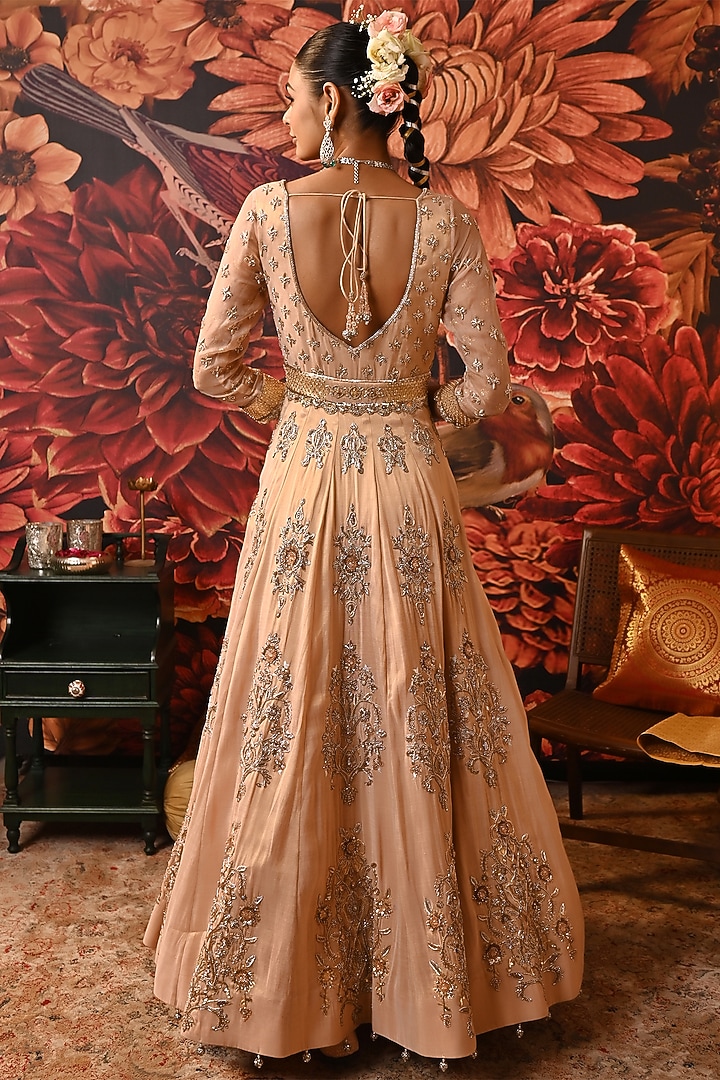 Blush Pink Pure Silk Organza Printed & Embroidered Bridal Anarkali Set by MOLEDRO at Pernia's Pop Up Shop